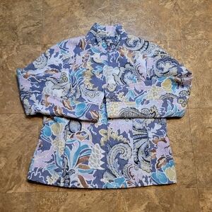 Chico's Jacket Womens Size 2 Blue Pink Full Zip Floral Maximalism Bohemian